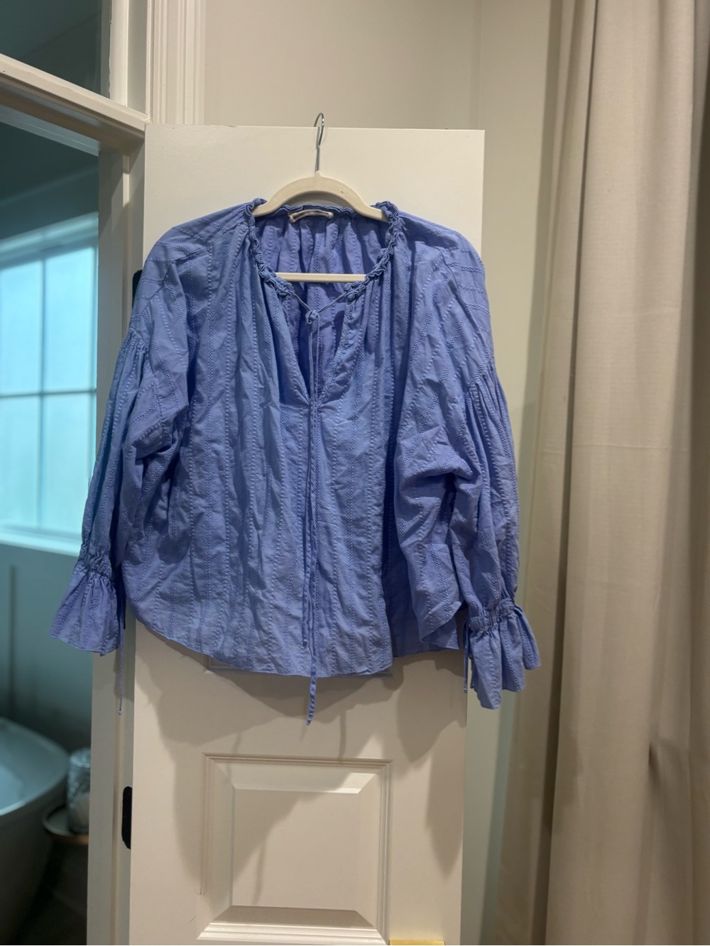 Light Blue Peasant Blouse with Tie Neck